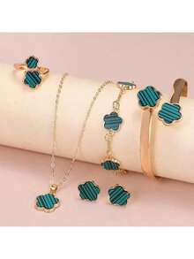 5 件优雅商务设计奢华经典闪亮四叶草手链、项链、戒指、耳环首饰套装，适合女性日常佩戴、派对、户外狂欢节、圣诞节，完美的节日礼物 - 彩色 - 查看 15