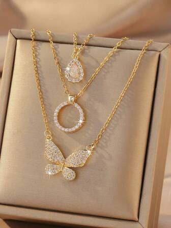 3pcs Unique Personalized Heart Shaped Cat Eye Stone Cute Bear & Moon Design Pendant, Premium Quality Women's Versatile Clavicle Chain Decoration Gift Valentines