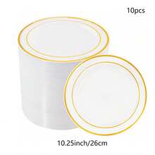 25个（7.5英寸/10.25英寸）多尺寸白色圆形双圈金色边盘水果沙拉盘，可重复使用且可清洗，适用于婚礼、派对、宴会、情人节、感恩节和圣诞节等场合，宴会餐具，派对餐盘，节日设计，时尚服务，可重复使用餐具，易于清洁，盛菜盘，餐饮服务，派对组织者