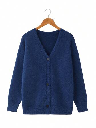 Cárdigan de punto de manga larga con cuello en V, hombros caídos y abotonadura sencilla para mujer talla grande. Elegante chaqueta de suéter con piel sintética.