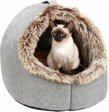 Cama cerrada para gatos, calmante, cama para perros pequeños, cueva para gatos con forro de felpa, casa para dormir interior para mascotas con cojín suave, gatito, cachorro, dormitorio pequeño, - Gris - Ver 11