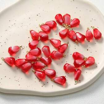 10pcs Red & Pinkish-Orange Pomegranate Seed Beads - Glossy Teardrop DIY Jewelry Making Supplies With Uniform Shape, Uniform Size For Earrings, Necklaces, Bracelets, Shoe & Boot Charms - Durable Craft Beads For Handmade Accessories, Creative Crafting, Beading Projects, Fashion Designers