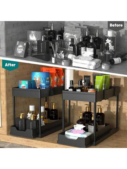 2 Tier Under Sink Storage Rack , Kitchen Cabinet Storage Rack, Double Sliding Cabinet Basket Storage Drawer, Multi-Functional Bathroom Collection Basket, Organizer, Shelf For Under Counter Kitchen Storage With 5 Hooks 2 Hanging Baskets Kitchen Decor Holiday Gift