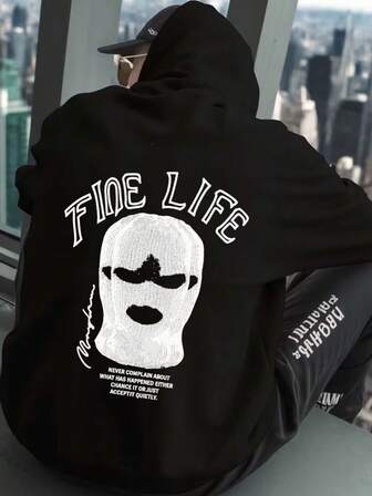 Plus Size Men's Black Fleece Lined Hoodie, Vintage Figure Print, Street Style, Autumn/Winter