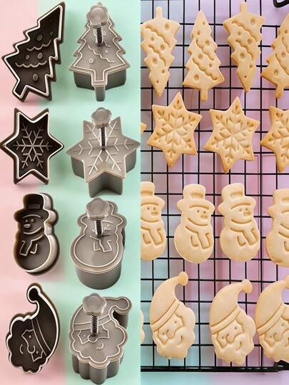 Set 4 forme de tăietoare de biscuiți de Crăciun - forme de copt cu model de om de zăpadă, fulg de zăpadă, brad de Crăciun, Moș Crăciun - ideale pentru copt de sărbători, decorațiuni de Crăciun, pijamale de Crăciun, cadouri de Crăciun, ornamente de Crăciun