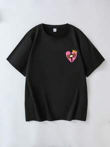 Women's Plus Size Casual Crew Neck Broken Heart Graphic Short Sleeve T-Shirt, Versatile For Commuting And Everyday Wear - Black - View 8
