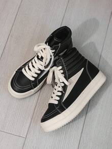 男女通用鞋，适合男士，羊皮和PU皮革高帮休闲运动鞋，橡胶鞋底，防滑，舒适，百搭 - 黑色 - 查看 3