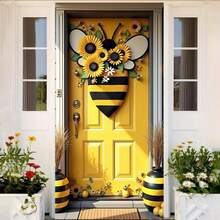 2D Door Banner 1pc, 2D Fabric Door Cover Banner Bee Theme Door Wall Decor Banner Party Banner Flag With Bee Decor And Sunflower Pattern, For Photo Booth Background And Indoor Outdoor Event Party Decoration