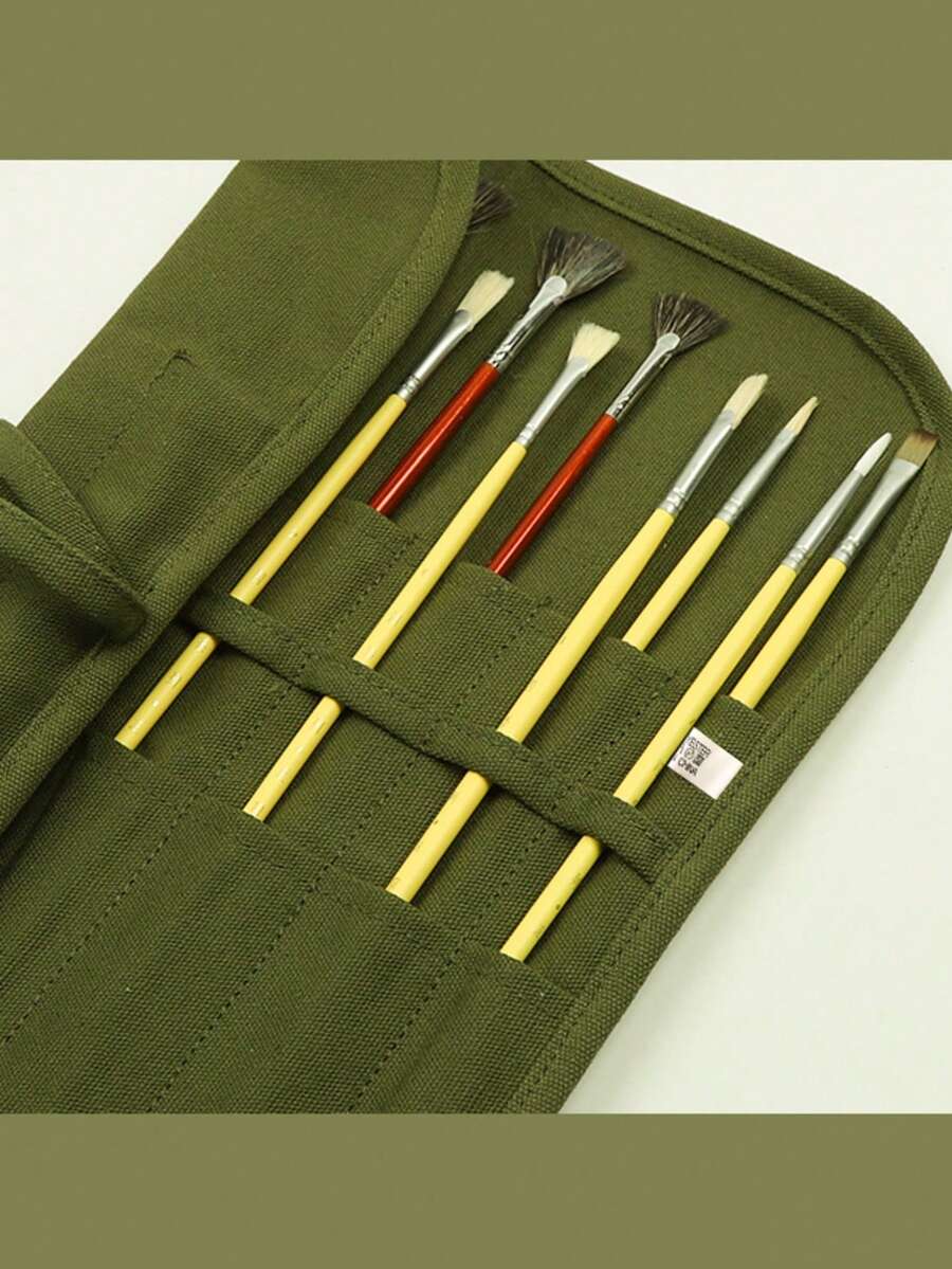 1个帆布画笔收纳袋，铅笔盒，水彩笔书法笔收纳袋，帆布笔袋，画笔帘袋，画笔整理袋 - 彩色 - 查看 1