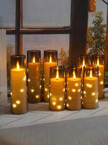 2/3/5 velas sin llama con luces de cadena de estrellas, velas LED con temporizador y control remoto, adecuadas para decoración del hogar, boda, fiesta, iluminación ambiental para días festivos (Gris) - gris - Ver 7