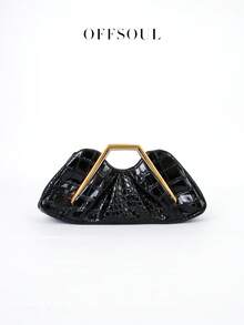 Vintage Asymmetrical Ruffle Cloud Clutch Bag, Unique Metal Hardware Handbag, High-End Retro Party Evening Bag - 黑色 - 查看 10