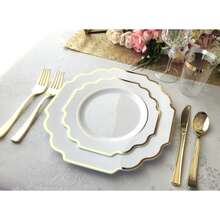 1 Conjunto de Pratos Elegantes de Plástico, Prato de Bolo Branco com Acabamento Dourado, Pratos de Sobremesa, Pratos de Festa, Pratos de Aperitivo, Pratos de Bolo, Fáceis de Limpar e Reutilizáveis, Adequados para Festas, Casamentos, Almoços, Reuniões Familiares, Festas de Noivado, Churrascos e Muito Mais - Branco - Visão 7
