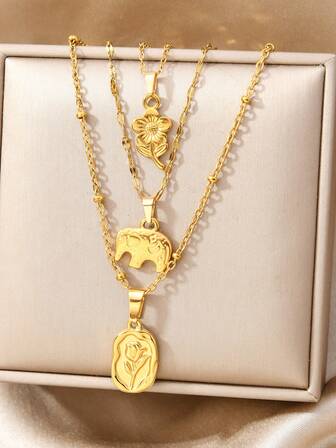 3 st/set 2026 nya rostfria tulpanblommor, elefantkedjor halsband stapel smyckeset för kvinnor, flickvän, bästa vänner, mamma, mors dag. Alla hjärtans dag-present