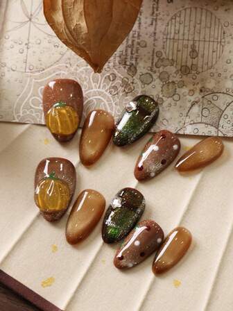 10 st akryl press-on naglar bruna naglar kattögonpumpa prickiga korta naglar lösnaglar konstnaglar kit innehåller 1 ark självhäftande flikar och 1 st minifil