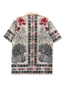 花卉印花衬衫，对称花卉图案，花朵印花，元素，翻领，男士休闲外套，海滩度假 - 杏色 - 查看 2