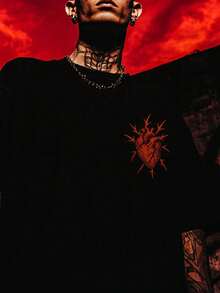 Camiseta Masculina de Manga Curta com Gráfico Escuro, Decote Redondo, Esportiva de Verão, Casual de Manga Curta - Preto - Visão 3