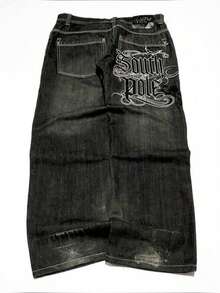 2026 Y2K Men's Wide Leg Jeans Dark Wash Letter Print Street  Trousers - BW1024印花 - 查看 5