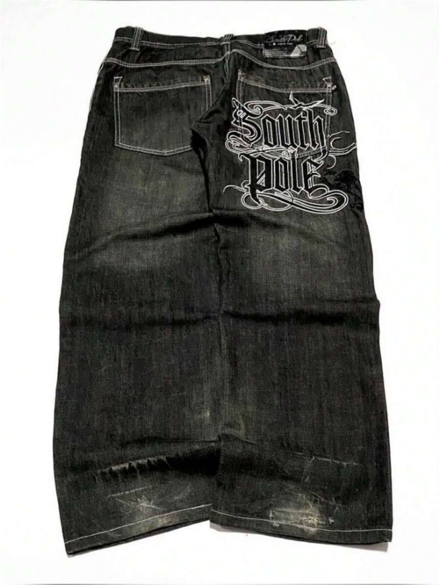 2026 Y2K Men's Wide Leg Jeans Dark Wash Letter Print Street  Trousers - BW1024 Print - View 1
