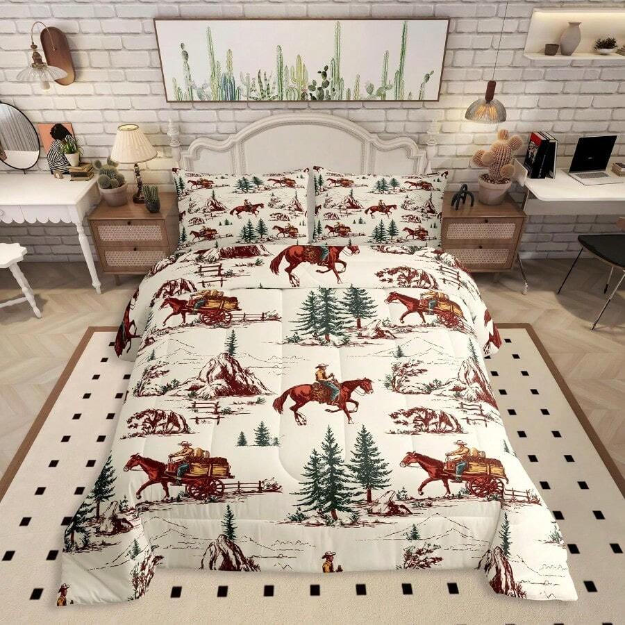 Wild West Comforter Set Queen SizeHorse Carriage Bedding Set 3Pcs For Girls Boys Adults Room Decor Mountain Trees Down Comforter Rustic Style Duvet Insert 2 Pillowcases - Color032 - View 1