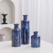 Blue Ceramic Vases - 3 Small Blue Vases With A Rustic, Country Style, Perfect For Home Decor. Suitable For Living Rooms, Tabletops, Entryways, Etc. Also Suitable For Offices, Living Rooms, Dining Rooms, Bedrooms, Bathrooms, Etc. Home Decor Vases, Flower Vases, Holiday Decoration Vases. - Blue - View 5