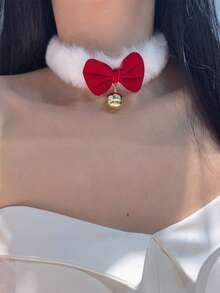 1pc Christmas Cute & Elegant Lamb Wool Bow Choker Fluffy Neck Decoration, Women Luxury Necklace Valentines
