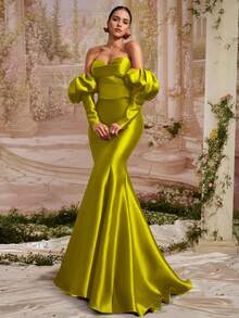 VIPGIRL Elegant Mustard Yellow Off-Shoulder Puff Sleeve Maxi Fishtail Dress, Satin Formal Evening Gown, Women's Fashion Party Dress, Women's Formal Evening Dress, Fast Shipping Item - View 4