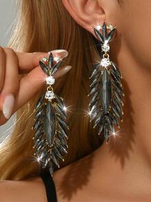 女士金色、蓝色和绿色叶子水钻吊坠耳环 - 闪耀晚宴珠宝 - MS414 - 查看 20