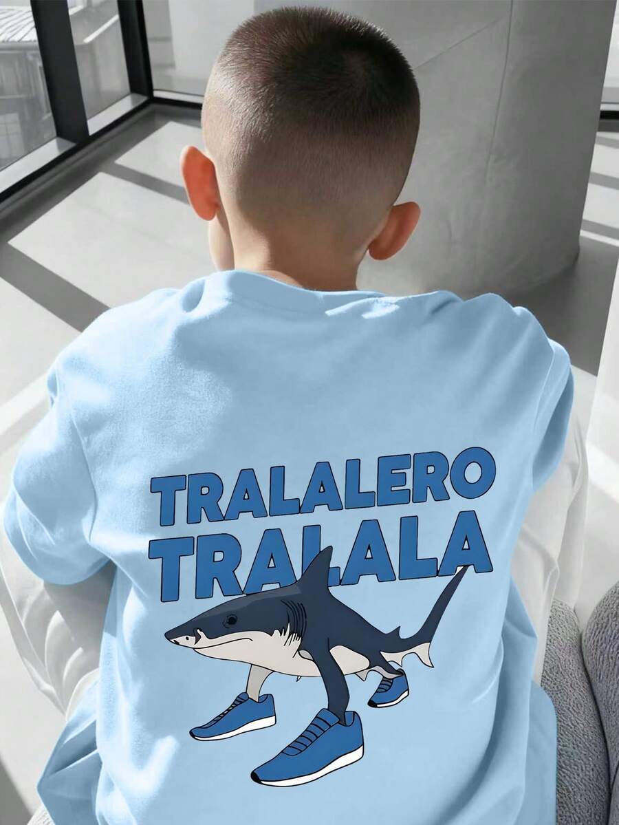 男童鲨鱼标语印花套头衫 圆领短袖 春夏新款男童服装 - 淺藍色 - 查看 1