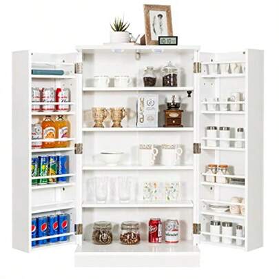 Kitchen Pantry Cabinet Multifunctional Cupboard W/ 2 Doors And 17-Tier Shelves Space-Saving Storage Organizer W/Adjustable Shelves And Anti-Toppling Protection For Kitchen Dining Room White