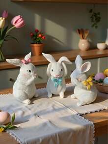 3pcs Cute Easter Bunny Figurines - White Resin Rabbit Statue Decorated With Soft Bow (See No Evil, Hear No Evil, Speak No Evil) - Adorable Spring Home Decor, Suitable For Tabletop, Shelf, Kitchen Or Living Room - Rustic Style Easter Holiday Gift - Multicolor - View 3