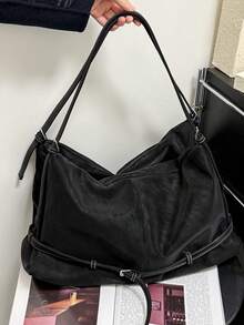 Large Size Shoulder Tote Bags For Women PU Suede Solid Color Big Capacity Shopping Hobo Bag Handbags Luxury Tote Handbag Cross Body Tote Bag For Work, Shopping, Dating, Travel, College Students, Women's Bag, Daily Use - 黑色 - 查看 1