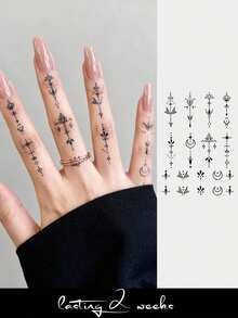 STARTTOOS 防水半永久纹身，极简手部纹身，极简叶子设计，斋月临时纹身，防水，仿真纹身，植物纹身，手指纹身，魔法纹身，持续1-2周，女士纹身 - 藍色 - 查看 3