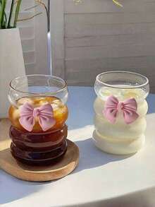 1/2 Packs Of 350ml Pink Bow Glass Coffee Cup, Coffee Cup, High-Quality Cold Drink, Milk Tea, Suitable For Home And Office Use. - Multicolor - View 3