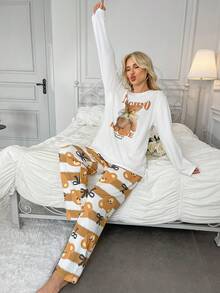 2pcs Women's Casual Bear Print Pajama Set, Striped White Long Sleeve Top And Long Pants - White - View 5