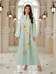 优雅女士V领长袖波西米亚印花连衣裙，采用梭织面料制成，展现充满活力的波西米亚风格 - NT06 - 查看 5