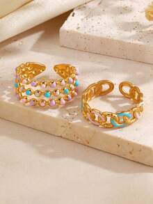 2pcs/Set Stainless Steel Fashionable Pink & Blue Ombre Geometric Round Ring Set, Suitable For Women's Daily And Party Wear - Multicolor - View 4