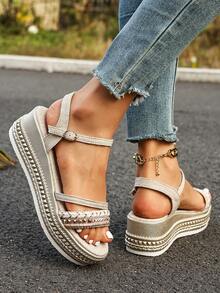 Summer Fashion Women's Wedge Sandals, Bohemian Style Rivet Open-Toe Design With Ankle Strap, Breathable And Comfortable Casual Elegant Flat Shoes - Beige - View 6