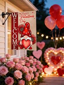 1 pieza Bandera de jardín del Día de San Valentín, bandera de bienvenida de poliéster de doble cara, diseño de gnomo con corazón, decoración exterior de arpillera impermeable, 12x18 pulgadas, con uso multipropósito para el hogar, el porche, el patio - Multicolor - Ver 9