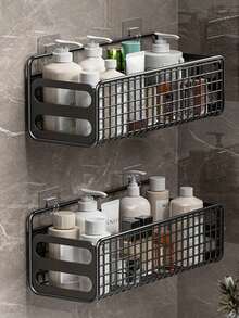 1pc,Kitchen Bathroom Storage Rack, Toilet Toiletries Corner Storage Rack, Iron Art Punching Free Storage Basket, Kitchen Supplies Storage Basket, Cosmetics Storage Rack Bathroom Accessories - Black - View 12