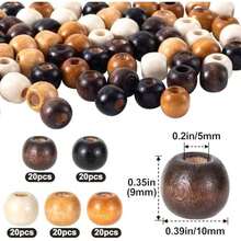 100pcs Large Hole Wooden Craft Beads, 9x10mm Round Natural Wood Hair Bead, Vintage Rosary Loose Spacer For Jewelry Necklace Bracelet Making DIY Macrame Braids Craft - 5 Colors - 100pcs 5 Colors 9x10mm - 查看 2