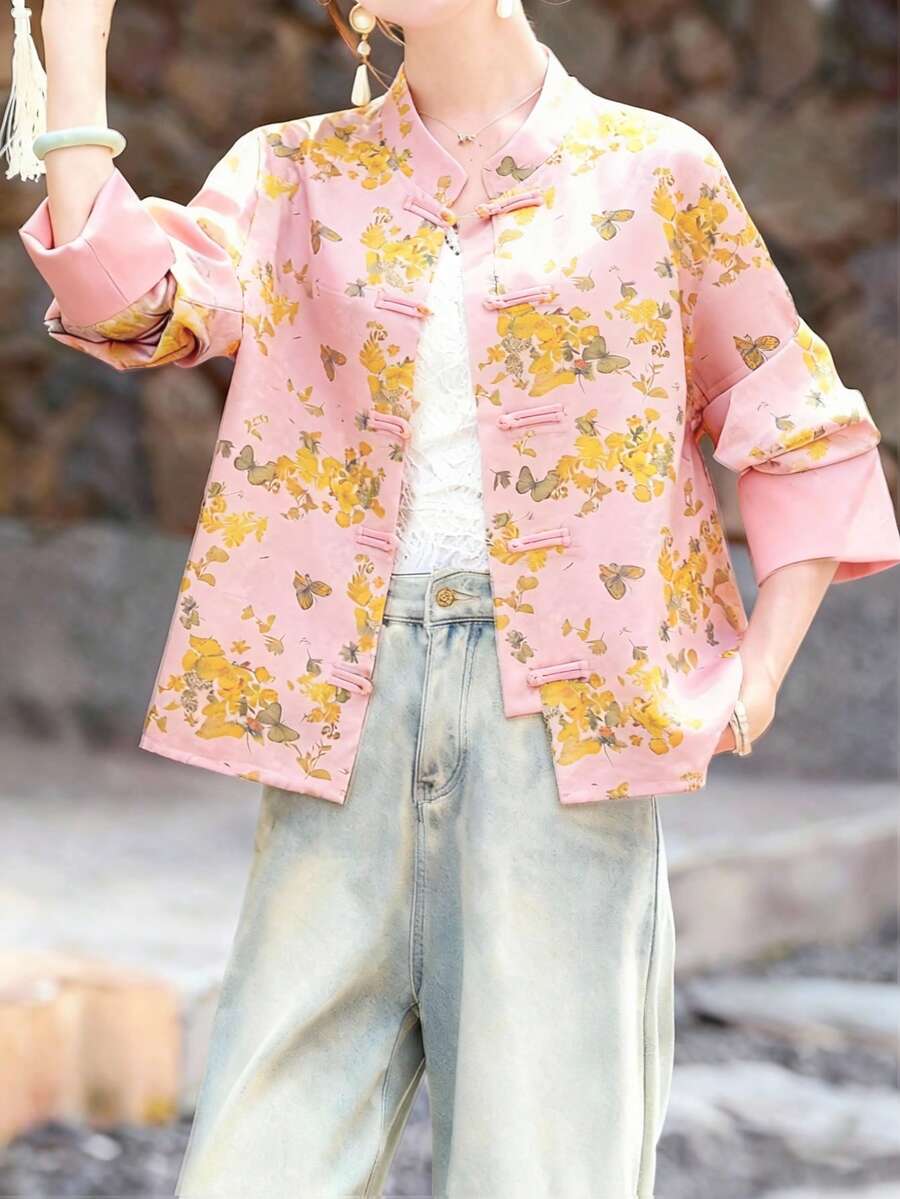 中国新年女士立领长袖印花梭织衬衫裙，纽扣前襟，常规长度 - 粉色 - 查看 1