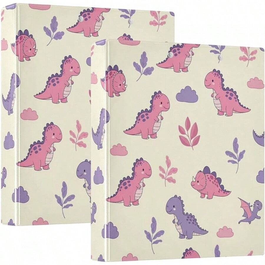 Carpeta de 3 anillos impresa de 1.5 pulgadas, carpeta de anillos en D con bolsillos, carpetas decorativas para la escuela universitaria u oficina, lindos dinosaurios de dibujos animados morados - talla únicax2 - Ver 1