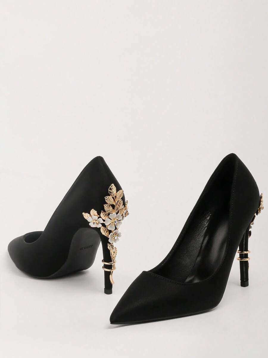 优雅金属花卉尖头缎面高跟鞋，时尚性感 - 黑色 - 查看 1