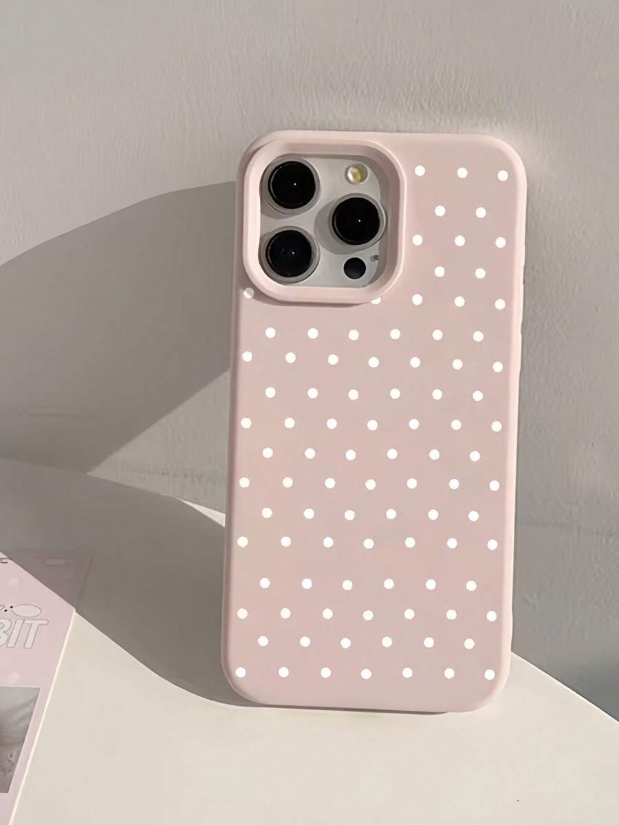 1pc Fashionable White Polka Dot Pattern Pink Matte Finish Shockproof TPU Phone Case Compatible With Apple 11 12 13 14 15 16 17 Pro Max - Multicolor - View 1