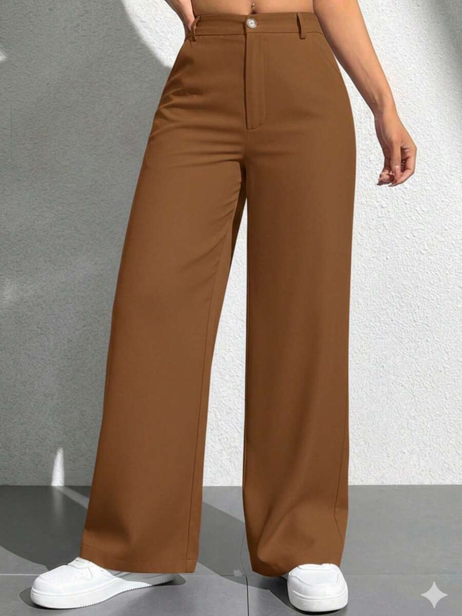 Women's Casual Loose Wide-Leg Pants With Pockets, Solid Color - 鏽棕色 - 查看 1
