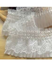 1 Yard Elastic Lace Ruffle Trim, Pleated Curtain Valance Dress Fabric, Black & White Lace Trim, Approx. 9cm Wide - White - View 2
