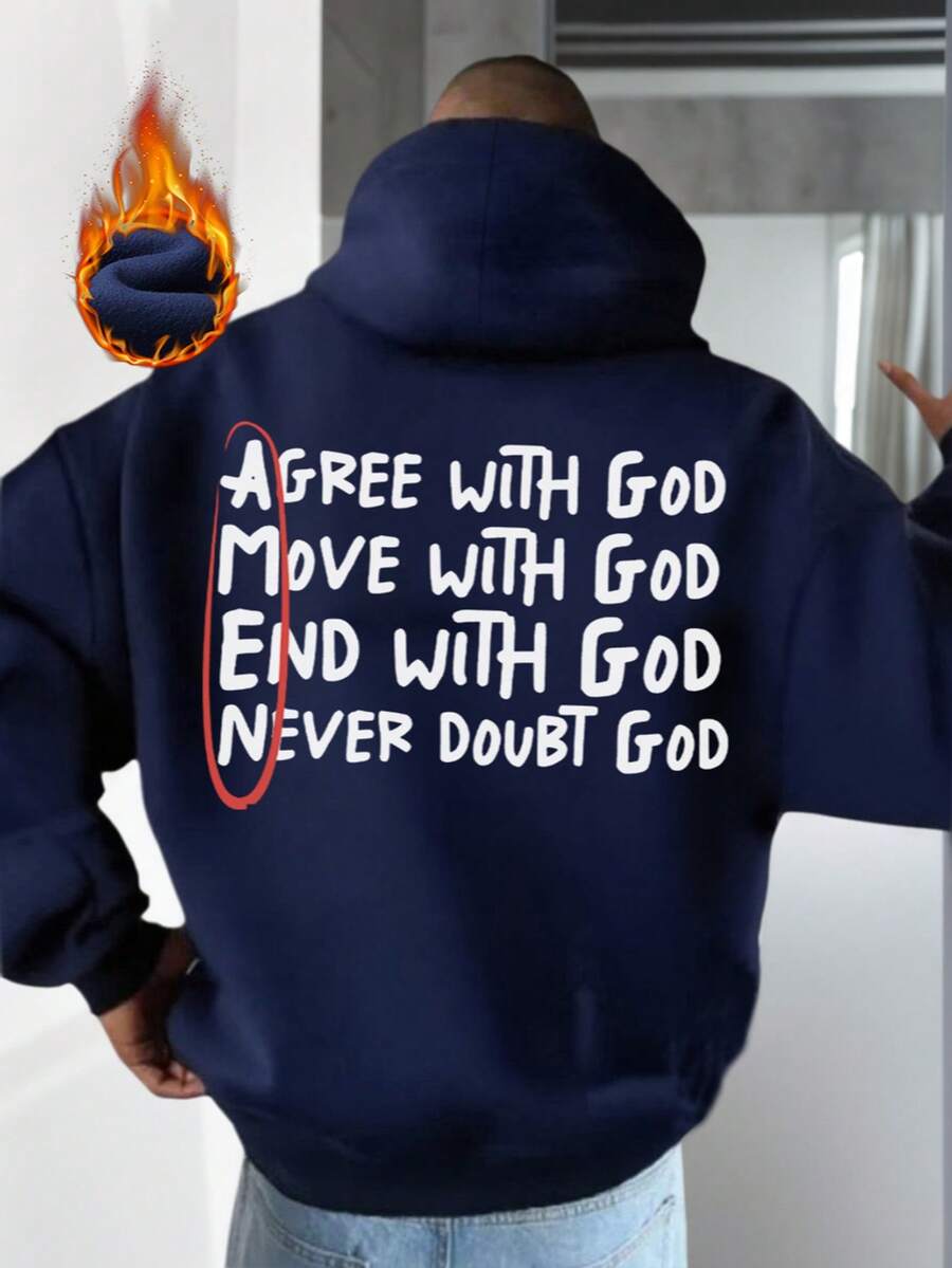 One Wave Men's Autumn/Winter Faith Power Graphic Hoodie Sweatshirt, Slogan & Attitude - Navy Blue - View 1