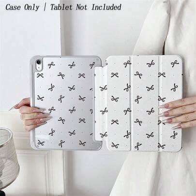 1个白色底座黑色领结平板电脑保护套 - 简约闪亮图案，可折叠支架，防震半透明外壳，笔槽，兼容iPad，自动休眠/唤醒，时尚平板电脑配件，适用于小米