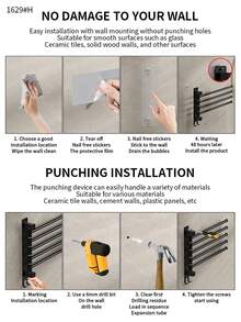旋转式毛巾架，壁挂式，无需钻孔，多功能挂杆带挂钩，可选3/4/5杆，适用于浴室和厨房，可作毛巾架、抹布架、多功能浴室收纳架 - 黑色 - 查看 3