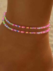 4pcs/Set Versatile Bohemian Style Beach Vacation Colorful Glass Beaded Elastic Anklet, Fashion Personalized Jewelry Gift Suitable For Daily Outfit, Perfect For Party And Holiday, Ideal Accessory For Women Casual And Vacation Wear, Mother's Day Gift - Multicolor - View 2